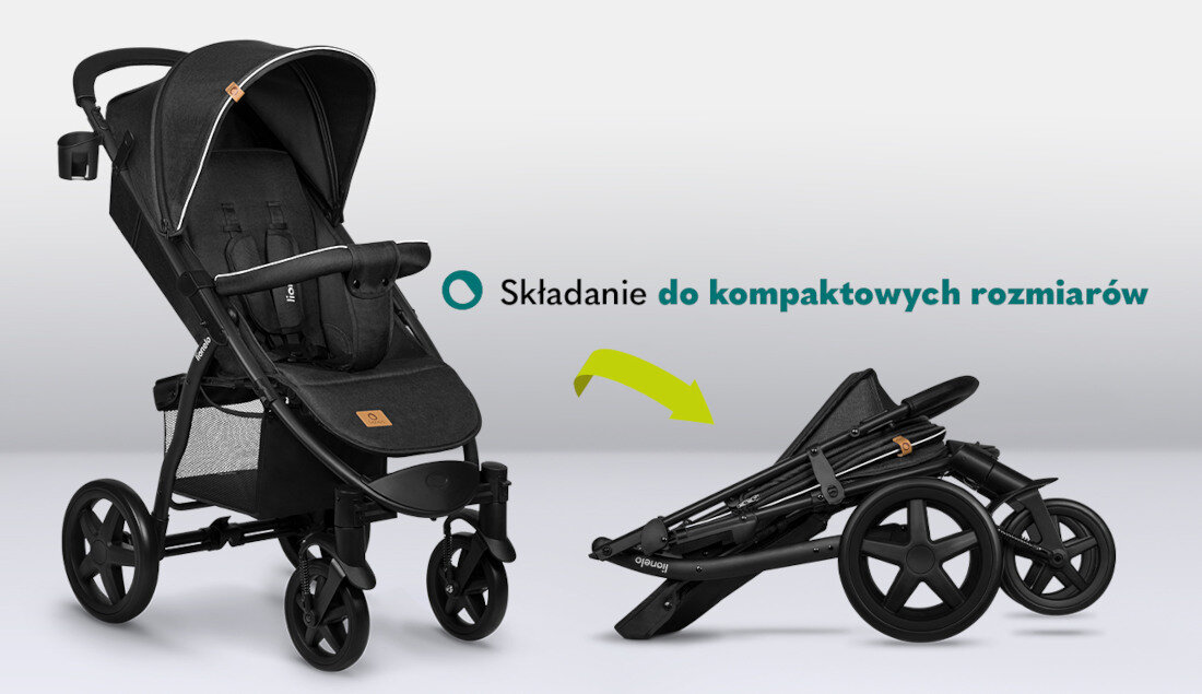 Wózek dziecięcy LIONELO Annet Plus Carbon Czarny łatwy w składaniu kompaktowe wymiary przechowywanie transport