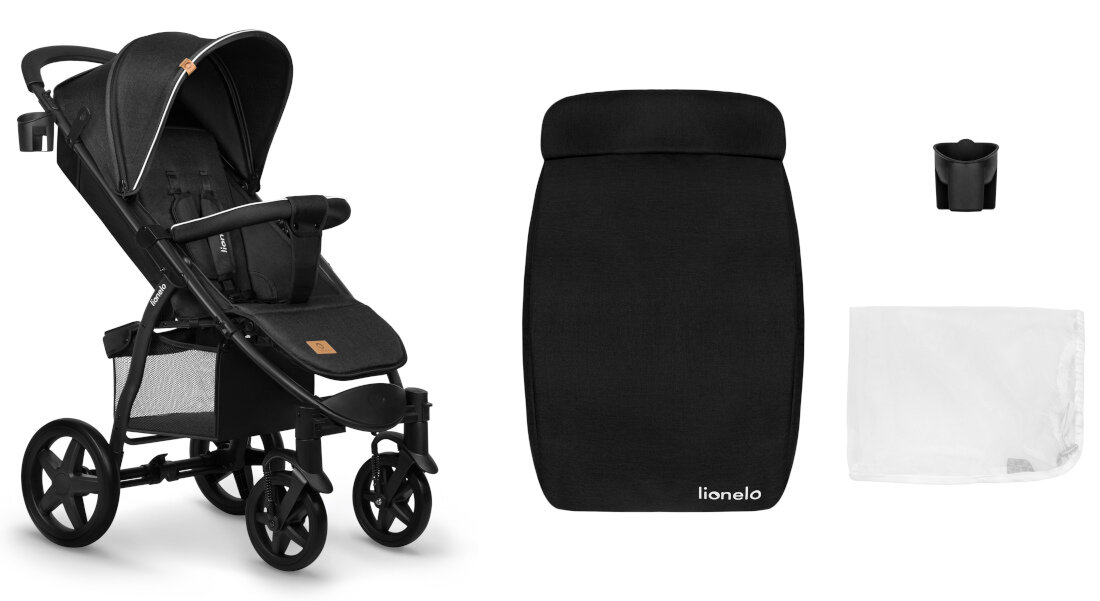 Wózek dziecięcy LIONELO Annet Plus Carbon Czarny dodatkowe akcesoria wyposażone moskitiera uchwyt na kubek pokrowiec na nóżki