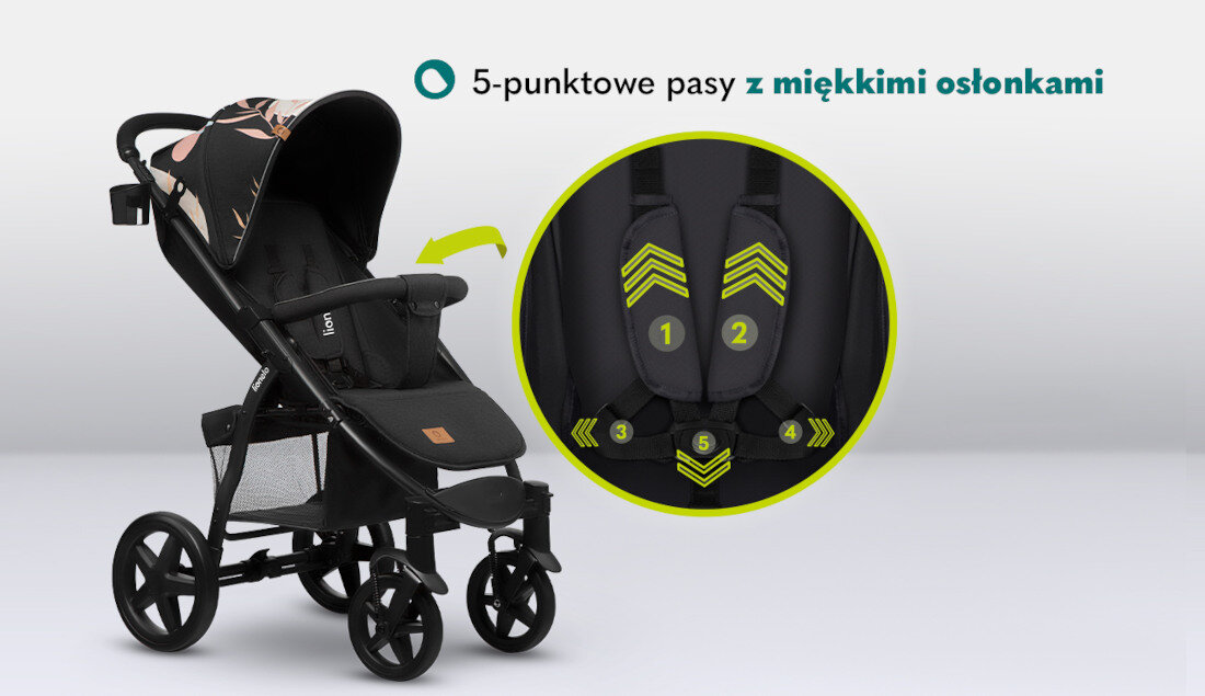 Wózek dziecięcy LIONELO Annet Plus Lovin Czarny 5-punktowe pasy miękkie osłoki pas krokowy centralny hamulec elementy odblaskowe