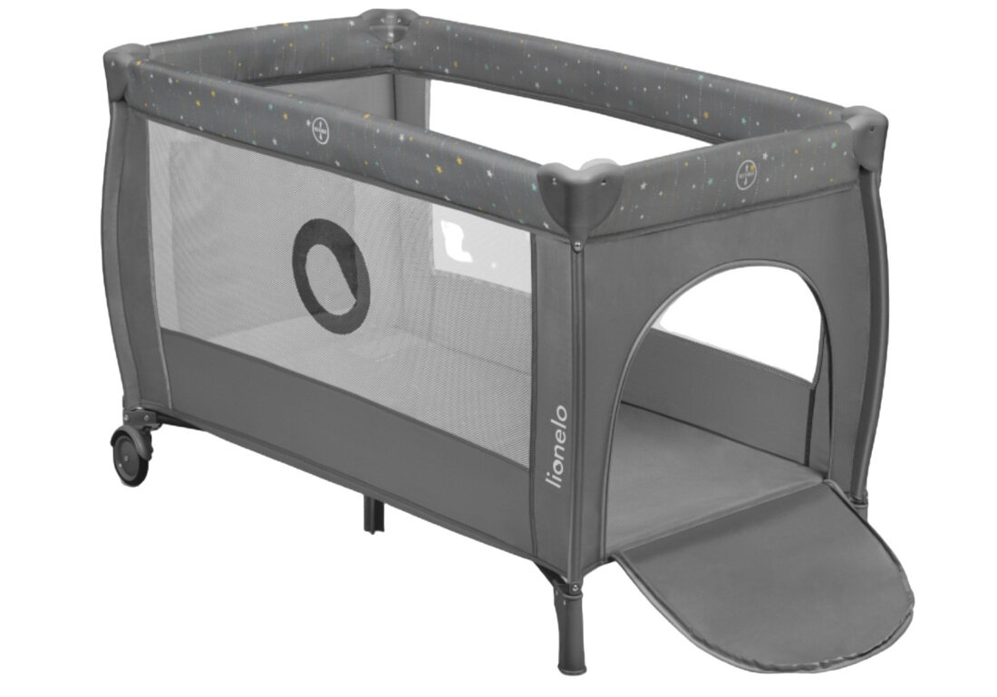 Łóżeczko turystyczne LIONELO Stefi Plus Multicolor Szary Bezpieczna przestrzeń do zabawy sen boczne wejscie na zamek Przezroczyste boki poczucie bezpieczeństwa