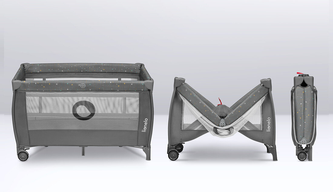 Łóżeczko turystyczne LIONELO Stefi Plus Multicolor Szary Łatwe składanie i transport Funkcja szybkiego składania wymiary po złożeniu torba transportowa z uchwytami przenoszenie i przechowywanie