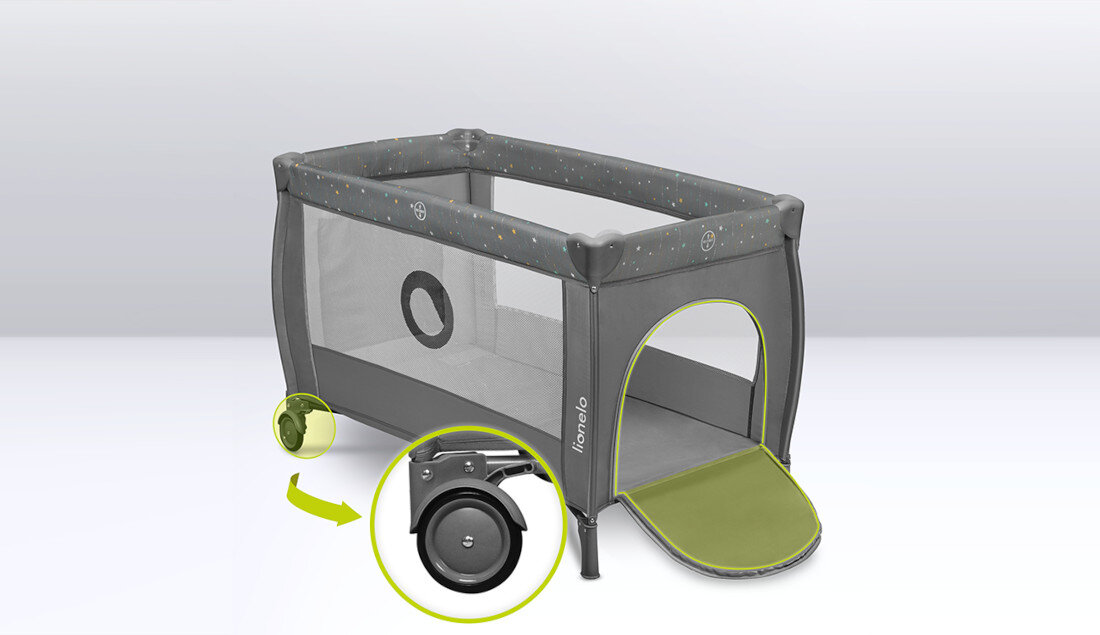 Łóżeczko turystyczne LIONELO Stefi Plus Multicolor Szary Mobilność i wygoda użytkowania Dwa kółka z blokadą System LockGuard bezpieczeństwo podczas snu i zabawy