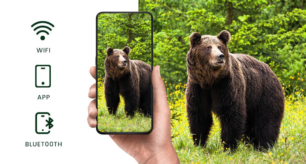 Fotopułapka REDLEAF RD6300 LTE aplikacja mobilna Ucon, Google Play, App Store, interfejs użytkownika, uruchomisz nagrywanie, wykonasz zdjęcie, skonfigurujesz urządzenie oraz sprawdzisz poziom naładowania baterii, nagrania umieszczone w chmurze