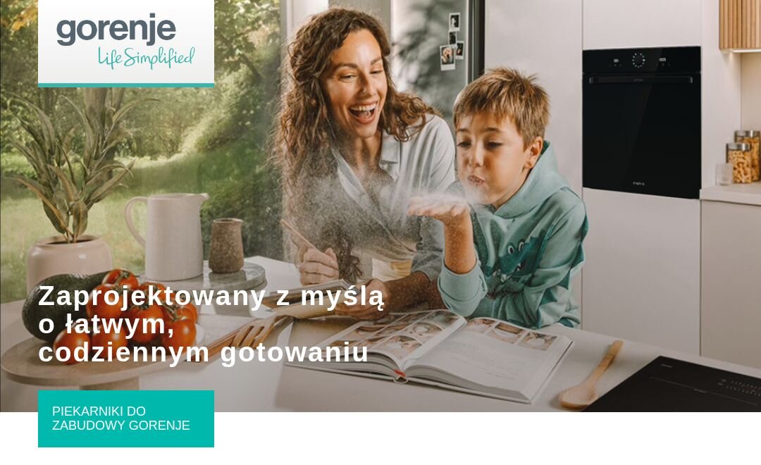 PIEKARNIK GORENJE BOS67371SYB Grafika promocyjna Gorenje przedstawia dziecko i osobę dorosłą przy stole w kuchni z książką kucharską. Widoczny jest napis „Zaprojektowany z myślą o łatwym, codziennym gotowaniu”