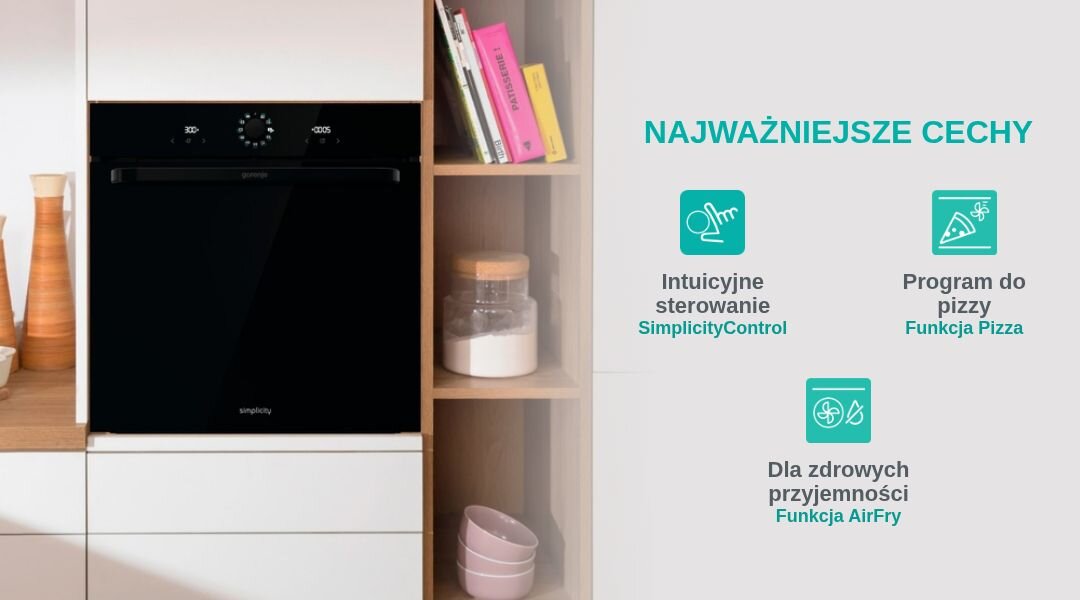 PIEKARNIK GORENJE BOS67371SYB Czarny piekarnik Gorenje w zabudowie pokazany jest z listą kluczowych funkcji. Wyróżniono m.in. intuicyjne sterowanie SimplicityControl, AirFry i program do pizzy