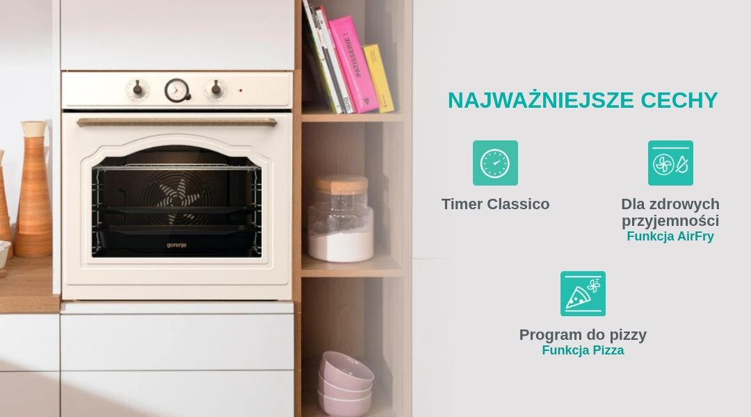 PIEKARNIK GORENJE BOS67371CLI Piekarnik Gorenje w stylu retro zaprezentowany jest w zabudowie wraz z listą najważniejszych funkcji. Zaznaczono m.in. Timer Classico, AirFry i program do pizzy
