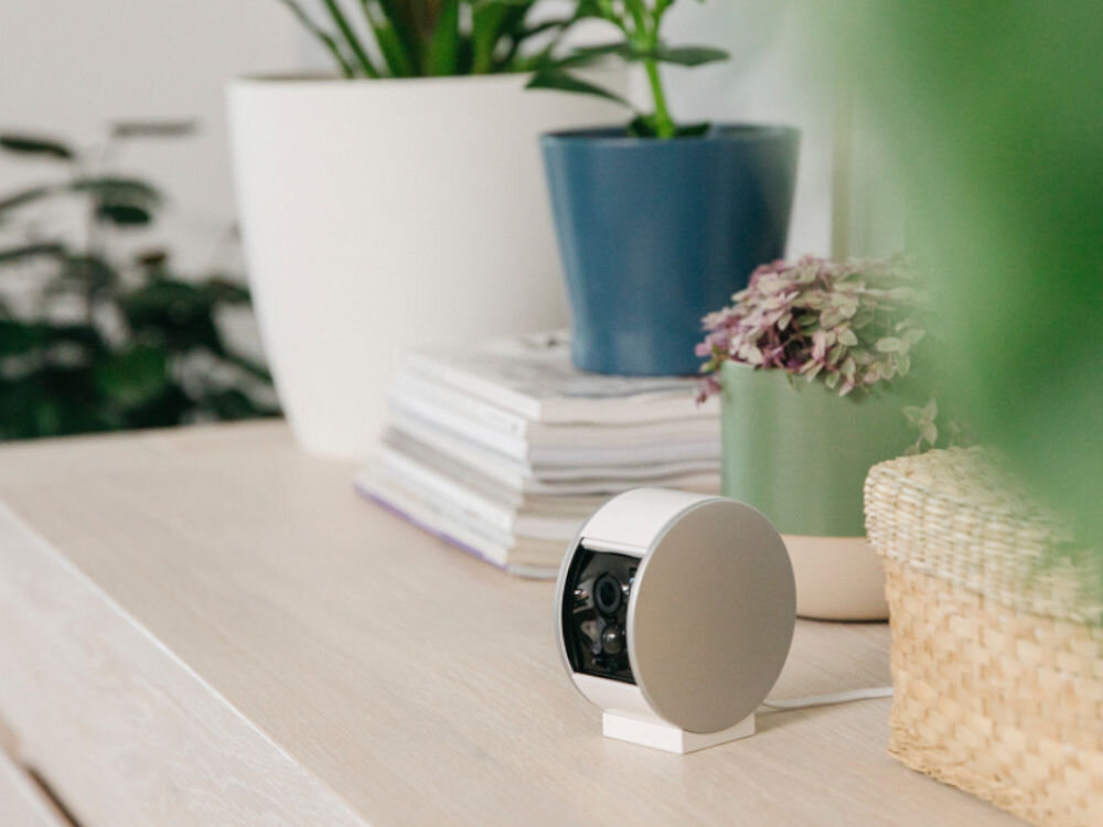 Kamera SOMFY Protect Wewnętrzna, Wi-Fi, podstawa, stabilne, pomieszczenia, aplikacja, kamera stoi na komodzie w pokoju wśród roślinności