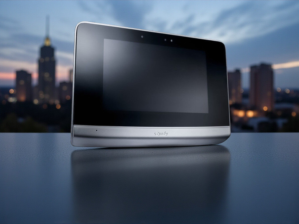 Wideodomofon SOMFY V500, dotykowy, ekran, szerokokątna, kamera, Monitor SOMFY V500 z dużym ekranem na tle wieżowców, wieczorne miasto, dynamiczna sceneria.