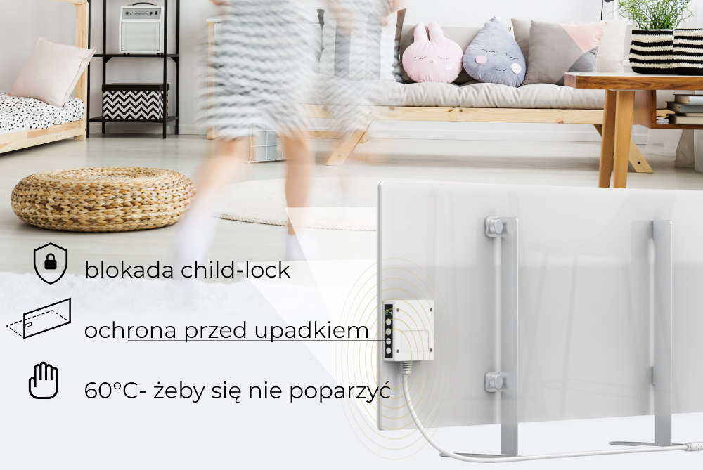 Grzejnik elektryczny AENO Premium Eko Smart Plus bezpieczne uzytkowanie czujnik upadku/przechylu