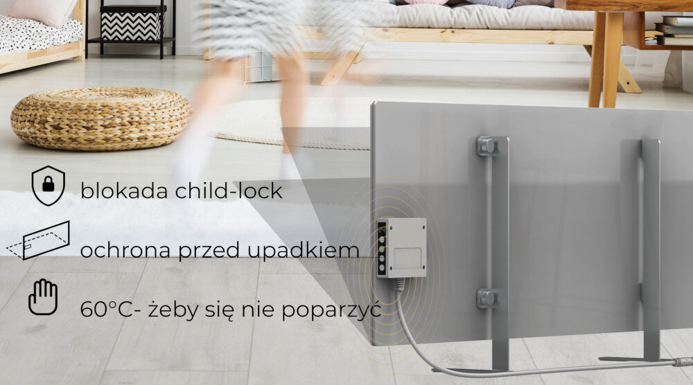 Grzejnik elektryczny AENO Premium Eko Smart Plus bezpieczne uzytkowanie czujnik upadku/przechylu