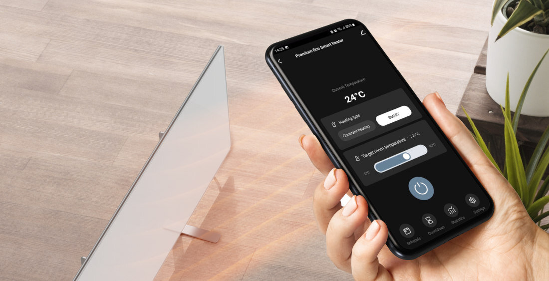 Grzejnik elektryczny AENO Premium Eko Smart Plus zdalne sterowanie bieżący dostęp do informacji o zużyciu i pracy grzejnika