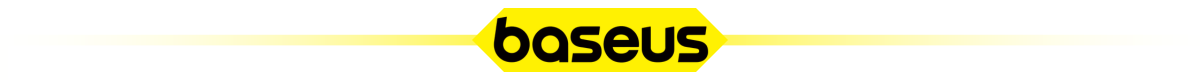 Logo z napisem \'baseus\' na żółtym tle z białymi gradientowymi paskami po bokach.
