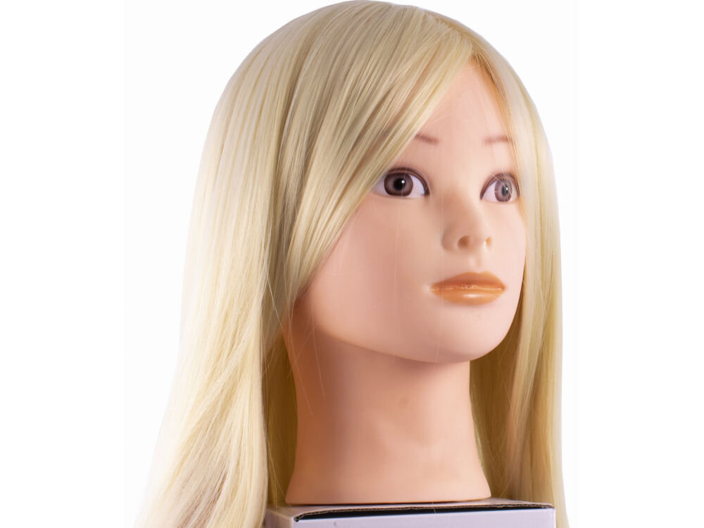 Głowa fryzjerska LEOBERT Mia Blondynka 60 cm głowa opadające blond włosy białe tło włos syntetyczny termiczny w kolorze blond jakość odporność długotrwałe zachowanie formy do intensywnego użytku do nauki i ćwiczeń do szkoleń kursów profesjonalnych usług fryzjerskich