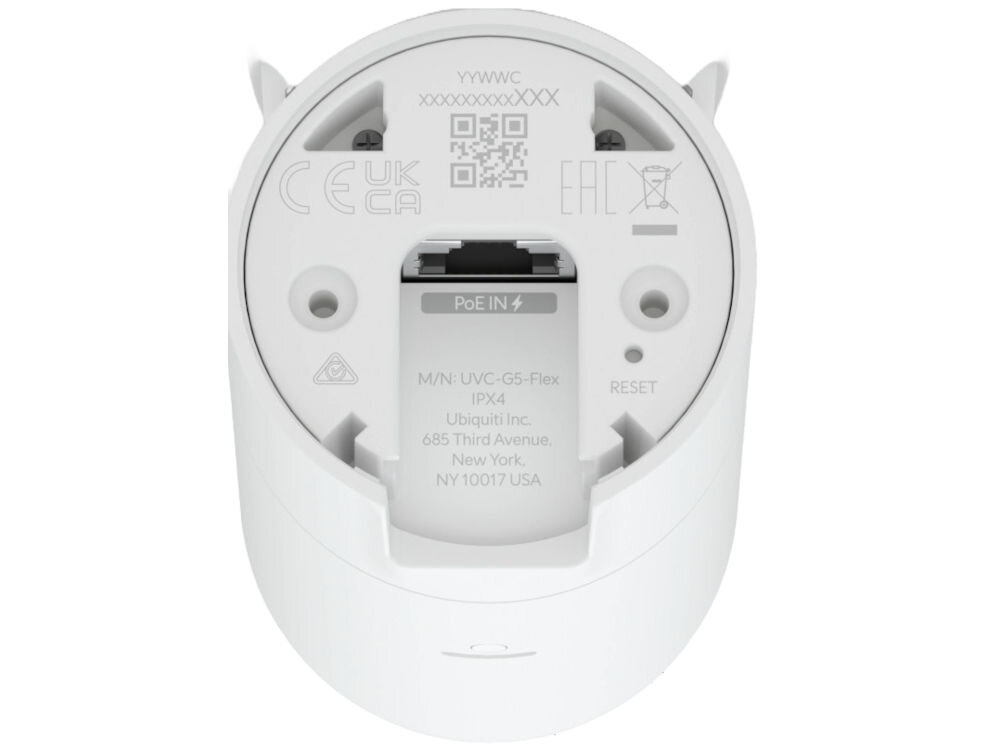 Kamera UBIQUITI G5 Flex Zewnętrzna / Wewnętrzna, LAN, poliwęglan, IPX4, IK04, certyfikaty, Tył kamery G4 Flex z portem PoE i przyciskiem reset.
