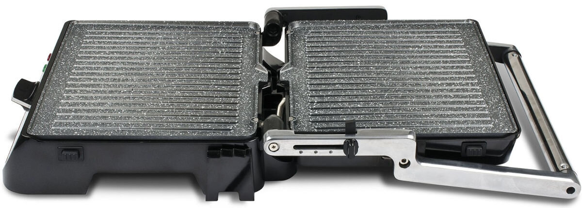 Grill elektryczny GIRMI BS41, tryb, zamknięty, otwarty, płyty, na białym tle poziomo grill otwarty 180 stopni