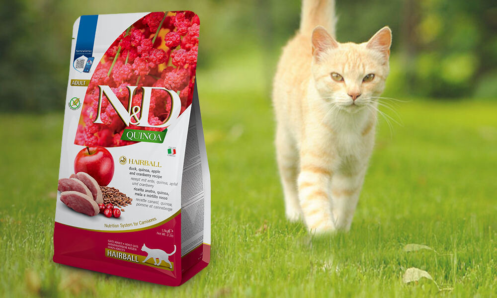 Karma dla kota FARMINA N&D Quinoa Hairball Adult kaczka, jabłko i żurawina 300 g dawkowanie analiza sklad