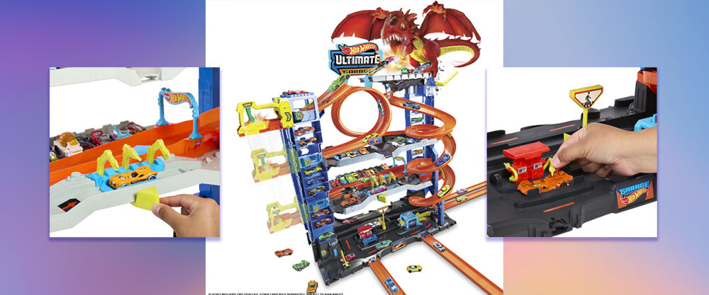 Przybliżenia na elementy zestawu Hot Wheels City Atak Smoka, widoczne po środku jest również cały zestaw.