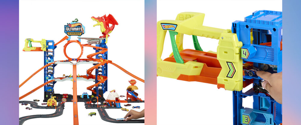 Przybliżenia na garaż oraz na tor zestawu Hot Wheels City Atak Smoka.