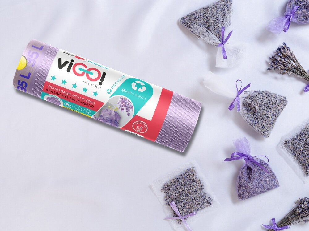 Worki na śmieci VIGO 60L 8 sztuk Fioletowy zapach lawendy, folia z recyklingu, ekologiczny charakter, lżejsze, bardziej odporne