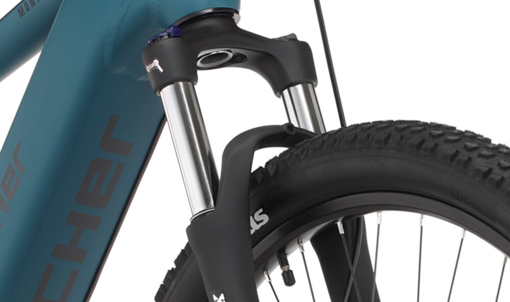 Rower elektryczny FISCHER Montis 4.1I U19 29 cali Niebieski plynna komfortowa jazda przedni widelec SR Suntour typu XCT HLO 100 mm amortyzuje wstrzasy niska masa roweru duza sztywnosc regulacja