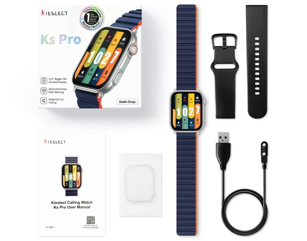 Smartwatch KIESLECT KS Pro ekran bateria czujniki zdrowie sport pasek ładowanie pojemność rozdzielczość łączność sterowanie krew puls rozmowy smartfon aplikacja