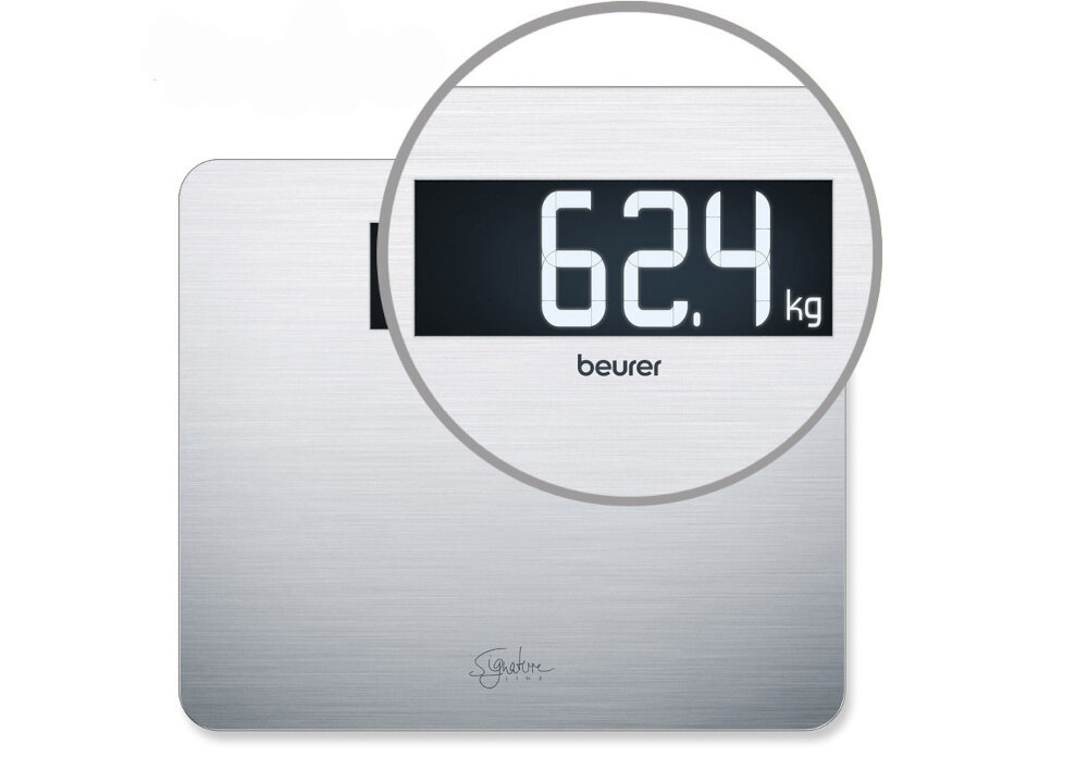 Waga BEURER GS 405 Signature Line Stalowy duże cyfry wyświetlacz wymiary pomiar jednostki kg/lb/st zasilanie bateryjne