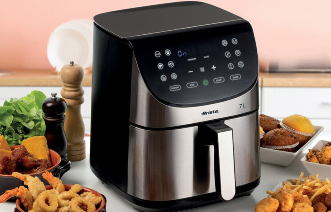 Frytkownica beztłuszczowa ARIETE 4628/00 Air Fryer 7 Stalowy Duża pojemność łatwe czyszczenie porcje potrawy Wyjmowana misa uchwyt nieprzywierająca powłoka czyszczenie metalowy front