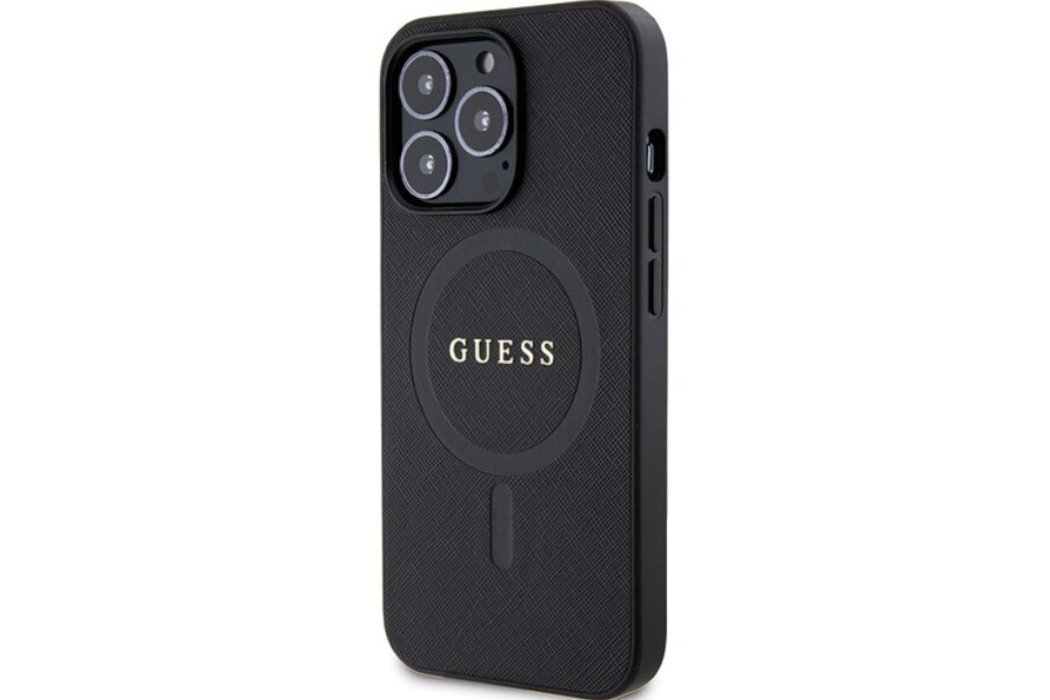 Etui GUESS Saffiano MagSafe Metal Logo do Apple iPhone 13 Pro Max Czarny  luksus wytrzymałość marka elegancja styl wyrafinowanie