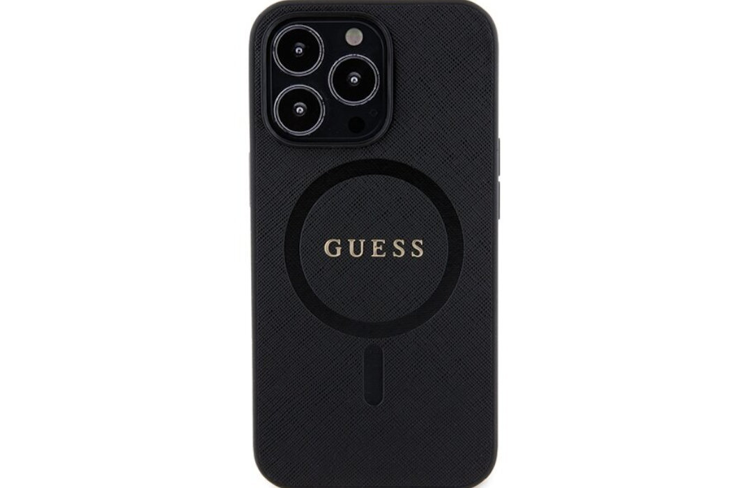 Etui GUESS Saffiano MagSafe Metal Logo do Apple iPhone 13 Pro Max Czarny  luksus wytrzymałość marka elegancja styl wyrafinowanie