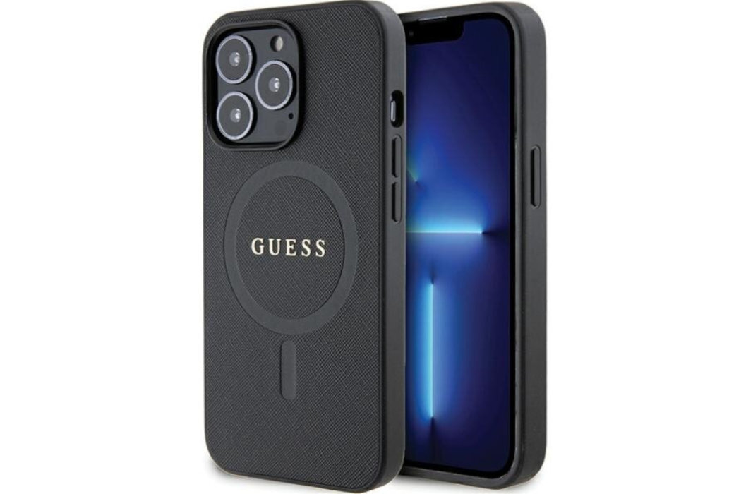 Etui GUESS Saffiano MagSafe Metal Logo do Apple iPhone 13 Pro Max Czarny  luksus wytrzymałość marka elegancja styl wyrafinowanie