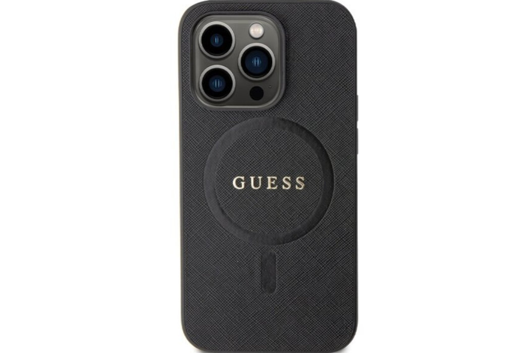 Etui GUESS Saffiano MagSafe Metal Logo do Apple iPhone 14 Pro Czarny  luksus wytrzymałość marka elegancja styl wyrafinowanie
