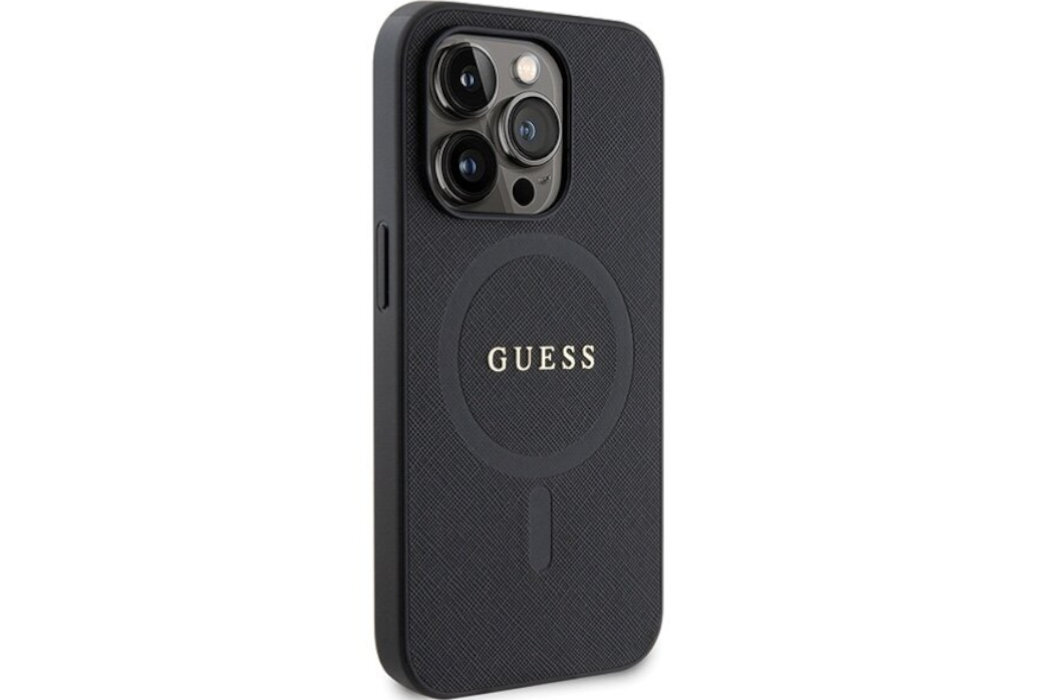 Etui GUESS Saffiano MagSafe Metal Logo do Apple iPhone 14 Pro Czarny  luksus wytrzymałość marka elegancja styl wyrafinowanie