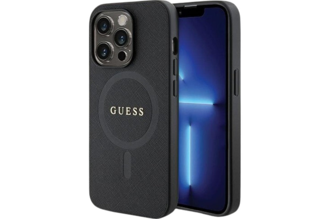 Etui GUESS Saffiano MagSafe Metal Logo do Apple Phone 14 Pro Max Czarny  luksus wytrzymałość marka elegancja styl wyrafinowanie