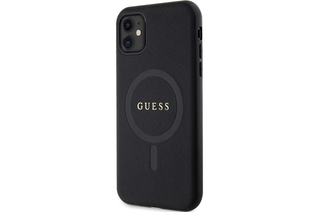 Etui GUESS Saffiano MagSafe Metal Logo do Apple iPhone 11/Xr Czarny  luksus wytrzymałość marka elegancja styl wyrafinowanie