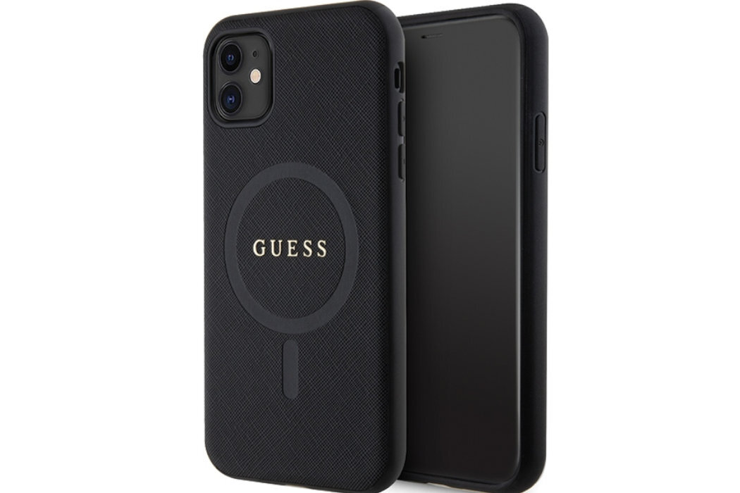 Etui GUESS Saffiano MagSafe Metal Logo do Apple iPhone 11/Xr Czarny  luksus wytrzymałość marka elegancja styl wyrafinowanie