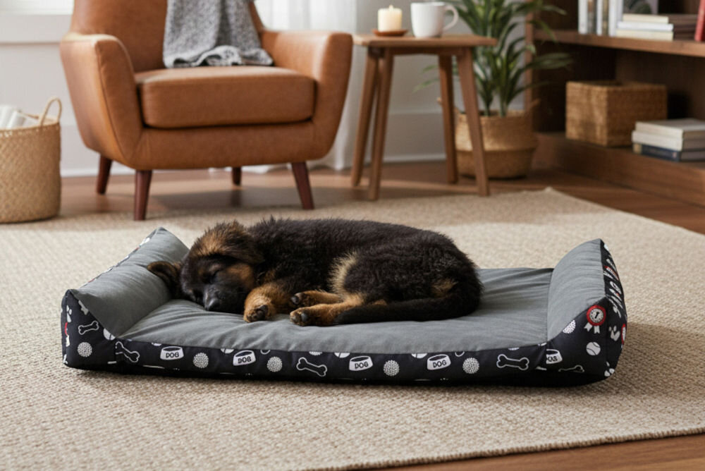 Legowisko uniwersalne GOGIFT Rex w kolorze grafitowym, zapewniające komfortowy sen dla psa i kota Ciemny szczeniak, prawdopodobnie owczarek niemiecki, śpi zwinięty na szarej poduszce legowiska. Legowisko ma podwyższone boki z wzorem w kości, łapy i miski. Tło to przytulny salon z brązowym fotelem, stolikiem bocznym i roślinami.