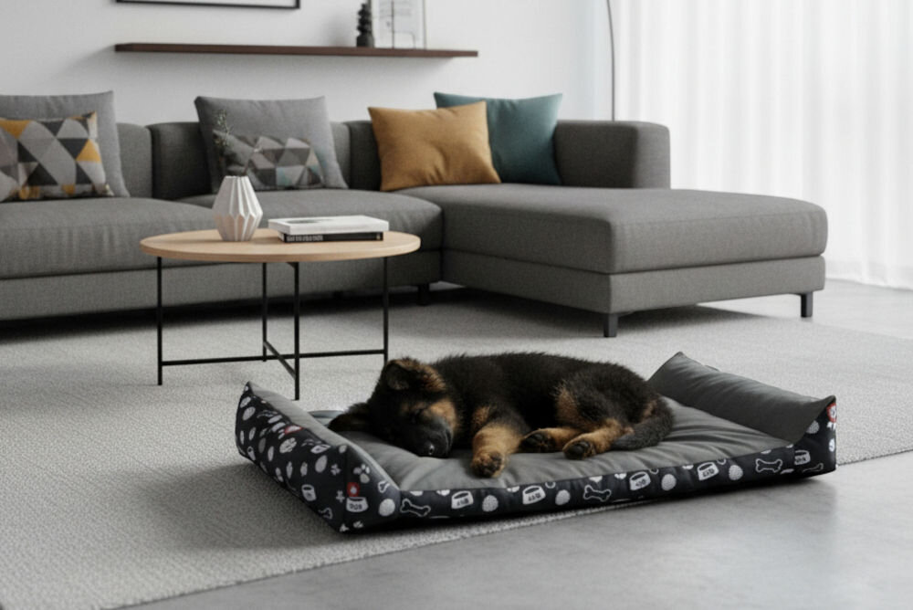 Zbliżenie na materiały legowiska GOGIFT Rex: miękki grafitowy welur, pianka termoelastyczna i wytrzymała tkanina Oxford Ciemny szczeniak leży na szarej poduszce legowiska z podwyższonymi bokami i wzorem z kości i misek. Legowisko znajduje się na jasnoszarym dywanie w nowoczesnym salonie z szarą sofą sekcyjną i okrągłym stolikiem kawowym.