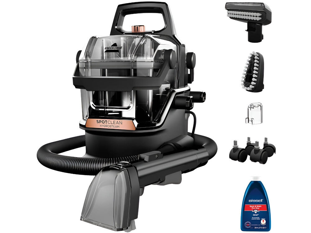 Odkurzacz piorący BISSELL SpotClean HydroSteam 3700N wyposażenie srodek czyszczący szczotka uniwersalna szczotki do trudnych plam kółką