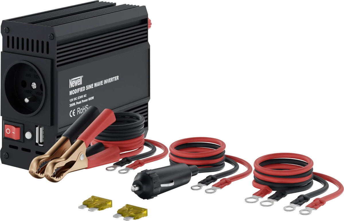 Przetwornica NEWELL 12V na 230V 300W Modyfikowana sinusoida opakowanie zawartość zestaw