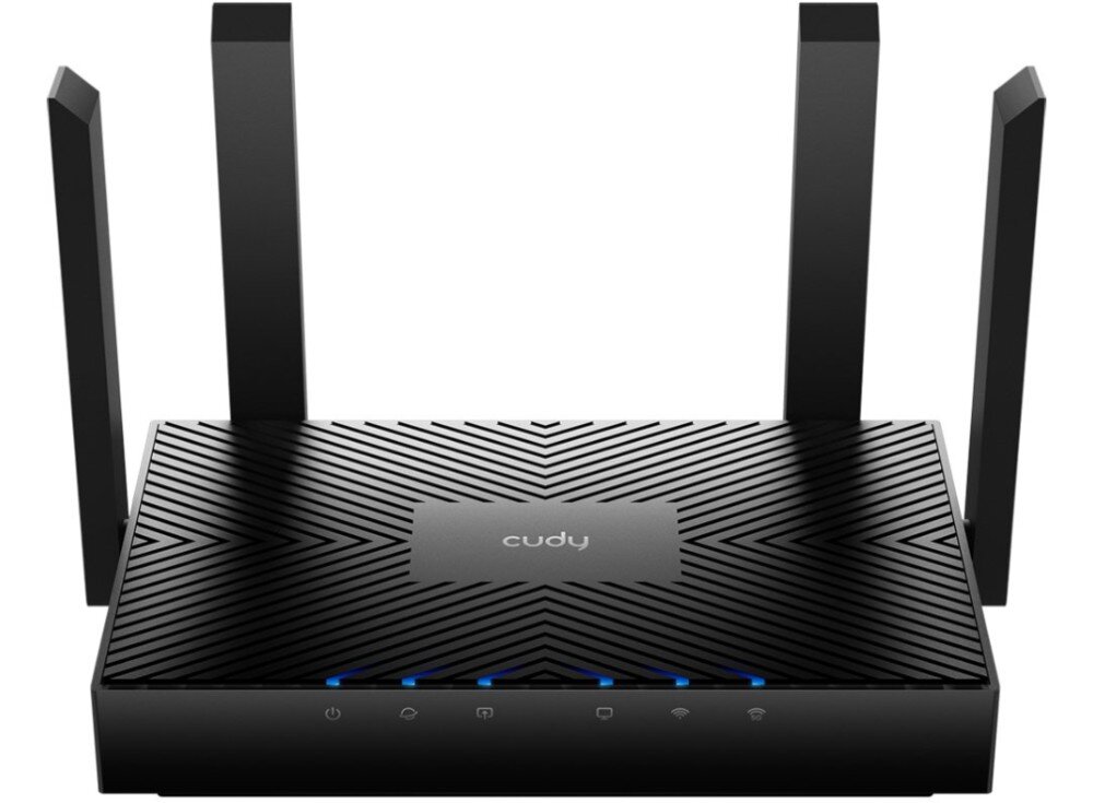 Router CUDY WR3000 Router z czterema antenami przedstawiony na białym tle. Na przednim panelu widać pięć podświetlonych ikon, tryby działania