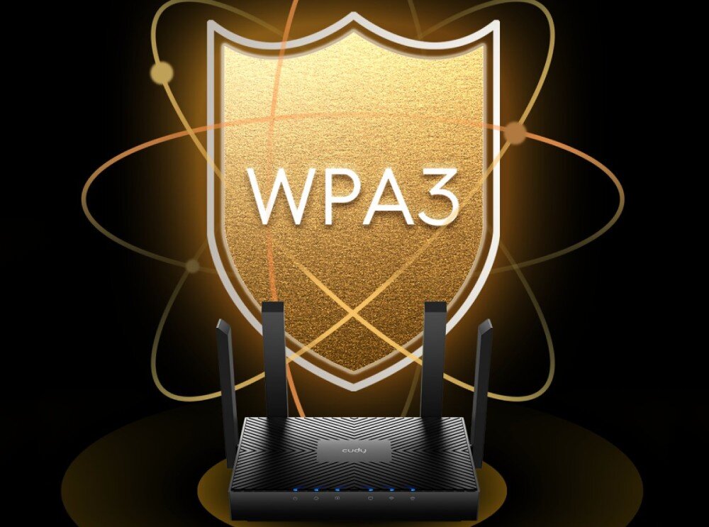 Router CUDY WR3000 Router ustawiony pod dużą złotą tarczą z napisem WPA3. W tle znajdują się połączone ze sobą elementy graficzne symbolizujące sieć, zabezpieczenia, szyfrowanie WPA3, VPN