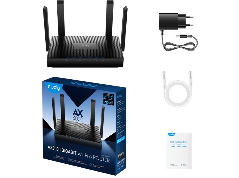 Router CUDY WR3000 Zestaw składający się z routera z czterema antenami, zasilacza, kabla Ethernet, instrukcji oraz opakowania, zestaw