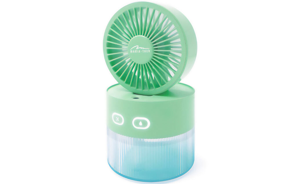 Nawilżacz ultradźwiękowy MEDIA-TECH Breeze Fan MT6515 wygoda styl kompaktowe wymiary 113 x 112 x 112 mm lekka konstrukcja 360 g w domu w biurze stylowy wygląd nastrojowa iluminacja świetlna atrakcyjny element dekoracyjny