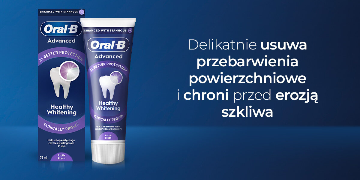 Na obrazie widoczna jest pasta do zębów Oral-B Advanced Healthy Whitening Arctic Fresh 75 ml oraz jej opakowanie. Obok znajduje się tekst: \'Delikatnie usuwa przebarwienia powierzchniowe i chroni przed erozją szkliwa\'.