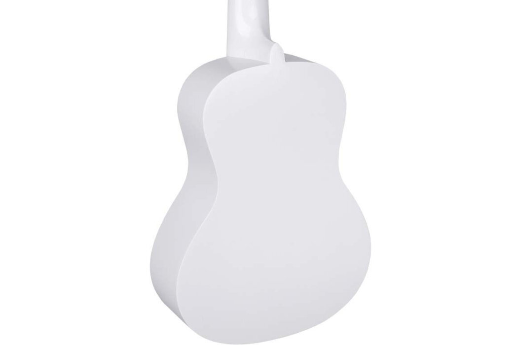 Obraz przedstawia tył białego ukulele o gładkiej powierzchni i klasycznym kształcie korpusu.