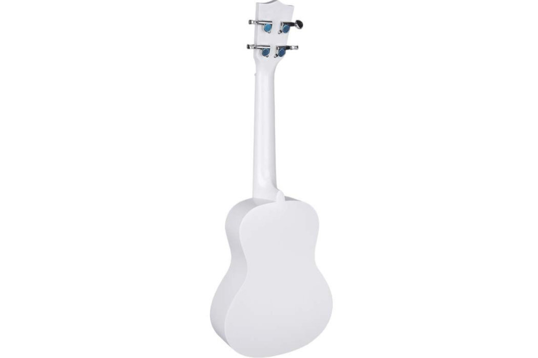 Białe ukulele z widocznym tyłem i gryfem, posiada metalowe klucze do strojenia. Instrument ma gładką powierzchnię i klasyczny kształt.