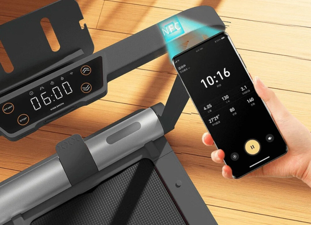 Bieżnia elektryczna KINGSMITH WalkingPad MC21 Zaawansowany panel sterowania monitorowanie postepow treningowych uchwyt na telefon lub tablet modul Bluetooth NFC dedykowana aplikacja KS-Fit