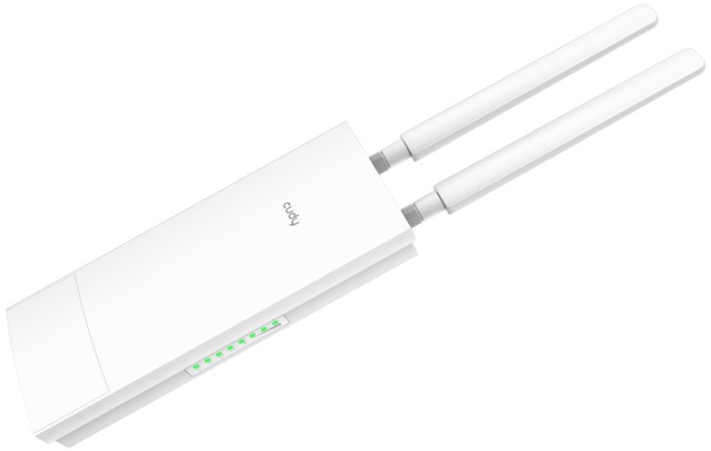 Router CUDY LT500 Outdoor Biały zewnętrzny router z dwiema odłączanymi antenami i rzędem zielonych diod na bocznej ściance, opis