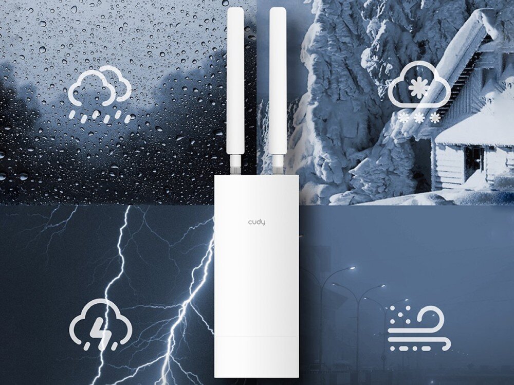 Router CUDY LT500 Outdoor Obraz przedstawiający router z antenami na tle różnych warunków atmosferycznych, takich jak deszcz, śnieg, burza i silny wiatr, z odpowiednimi ikonami, szczelność, odporność