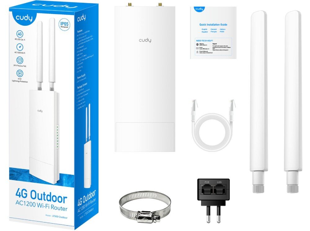 Router CUDY LT500 Outdoor Zestaw sprzedażowy zawierający router zewnętrzny, dwie anteny, przewód Ethernet, uchwyt montażowy, zasilacz PoE oraz instrukcję obsługi i opakowanie z oznaczeniami funkcji, zestaw